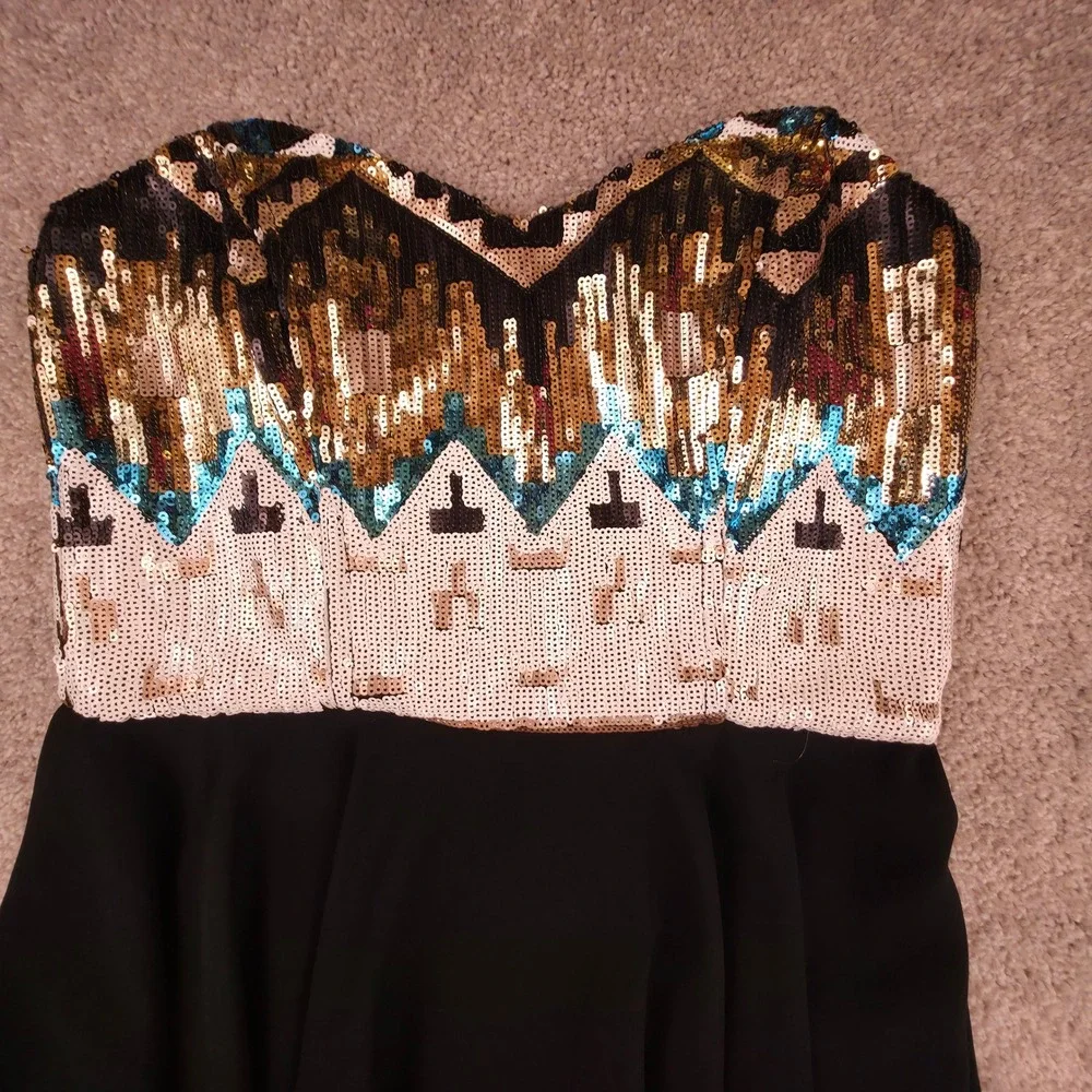 GB Sequin Bodice Strapless Dress Womens Large Black Gold Geometric Mini Cocktail